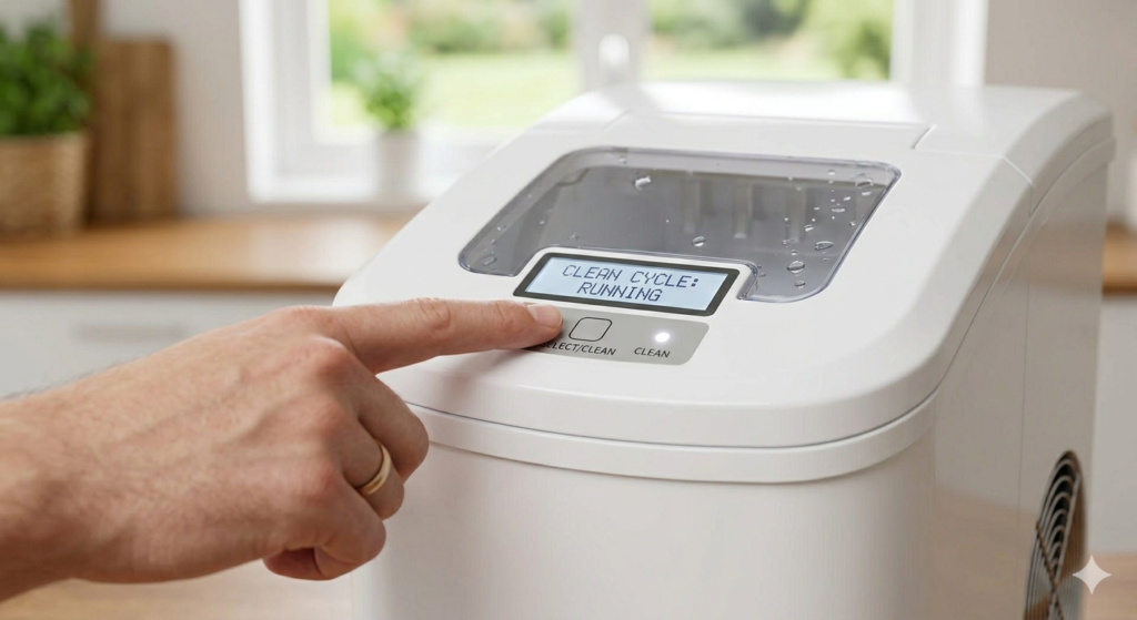 Aktivering av självrengöringsprogram på en portabel ismaskin.